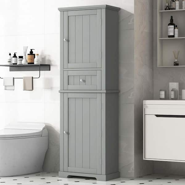 Linen Cabinet Tall Freestanding Glass Upper Doors Shaker Style Gray
