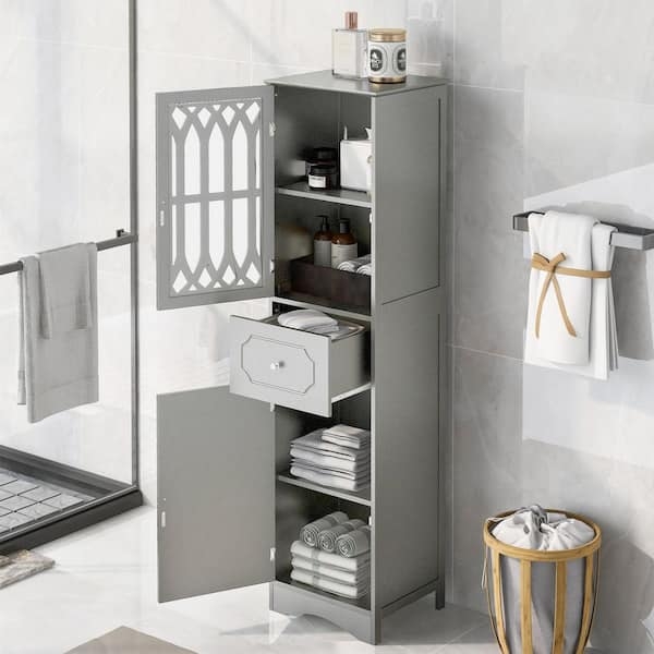 Linen Cabinet Tall Slim Frosted Acrylic Doors Matte Grey