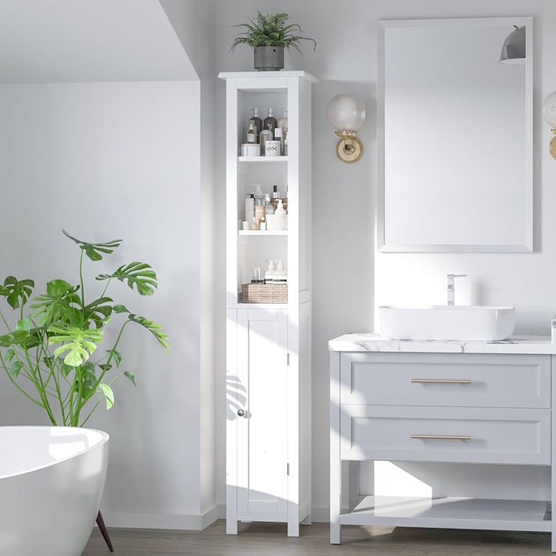 Linen Cabinet Ultra Narrow Width with Shutter Door and Tiered Storage.