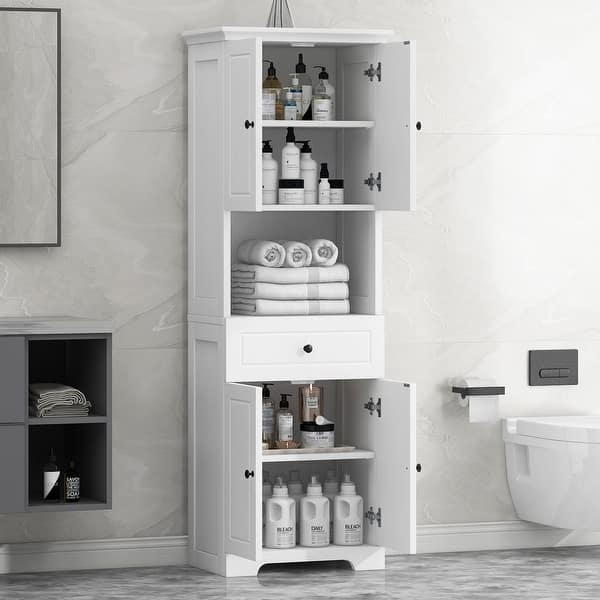 Linen Cabinet White Four Door Shaker Style with Central Open Shelf.