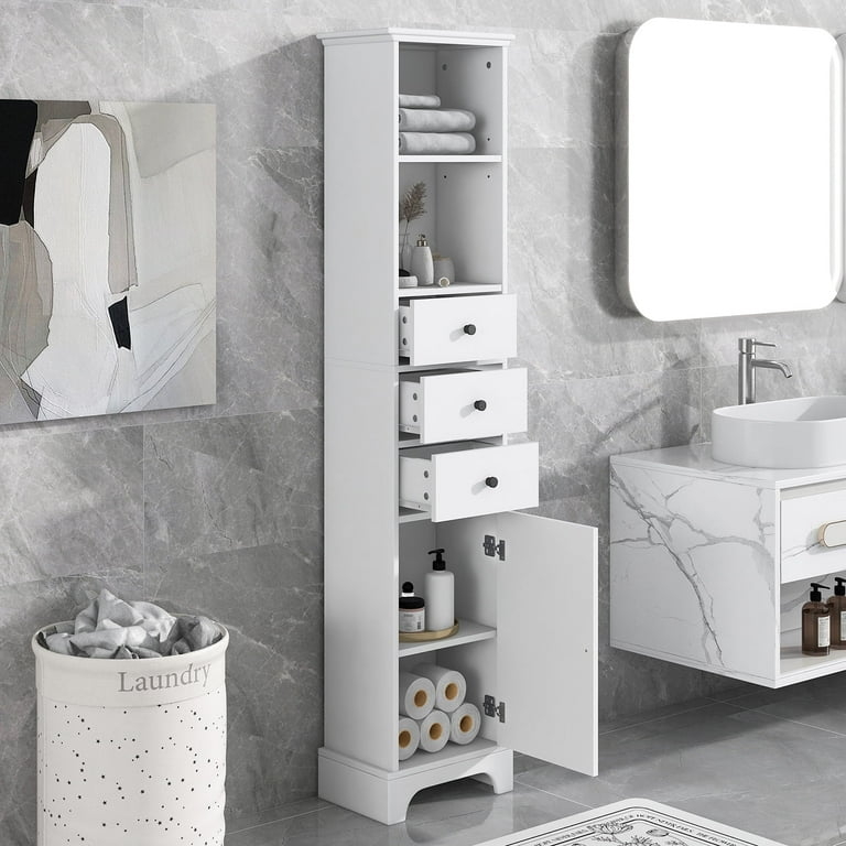 Linen Cabinet White Slim with Glass Top Section and Three Drawers Tower