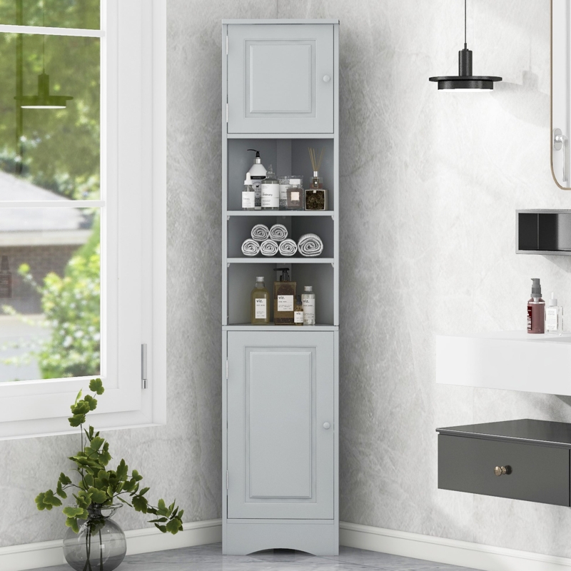 Linen Cabinet with Shutter Doors and Gold Hardware Accents