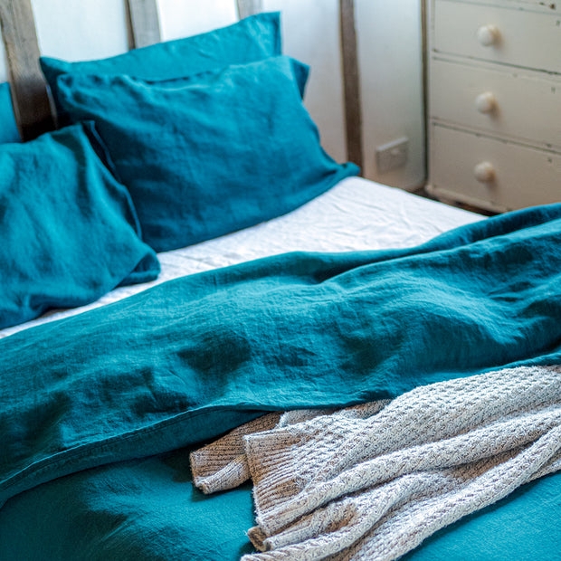 Linen Duvet Cover Set, Natural Crinkled Texture, Minimalist, Teal