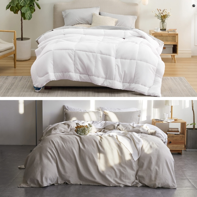 Linen Like Duvet Cover Set Beige Crinkled Texture Corner Tabs