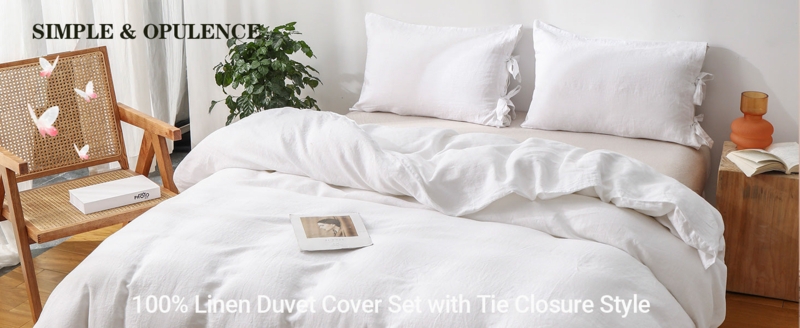 Linen-Like Duvet Cover Set With Bowknot Ties, Cream Minimalist Bedding.