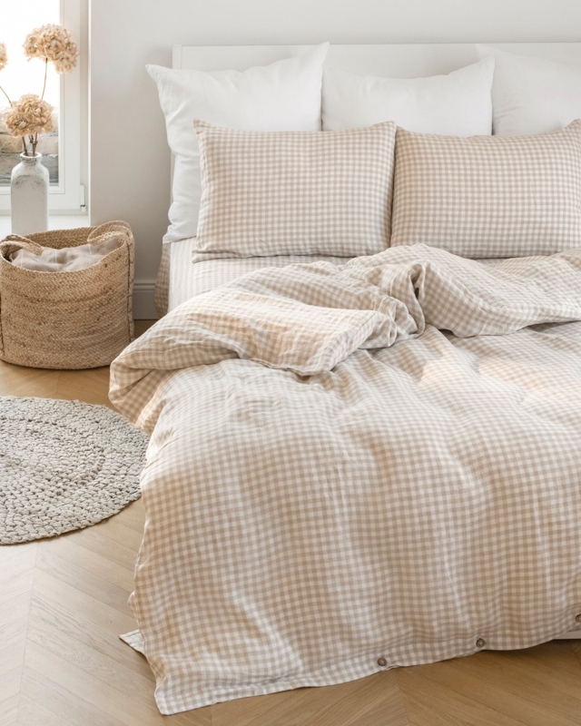 Linen Pillowcase: Stonewashed Neutral Gingham, Cozy Rustic Bedroom Decor