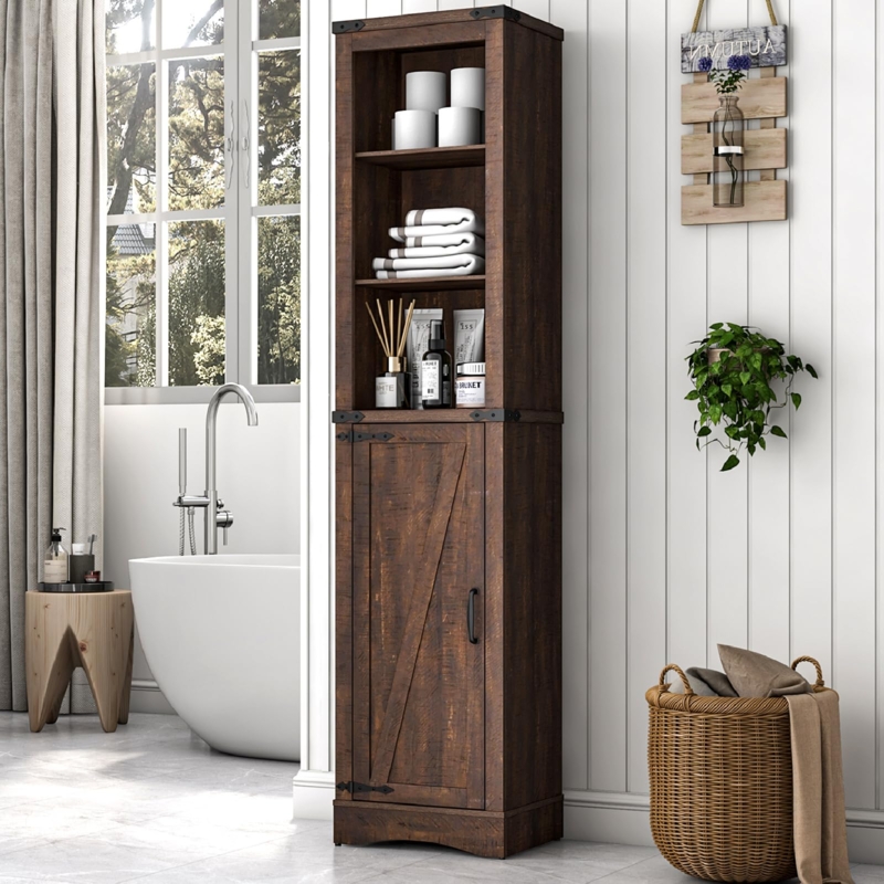 Linen Tower Cabinet Sliding Barn Door, Brown Modern Farmhouse Storage