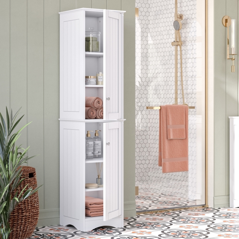 Linen Tower Slender White Beadboard Small Space Bathroom Storage