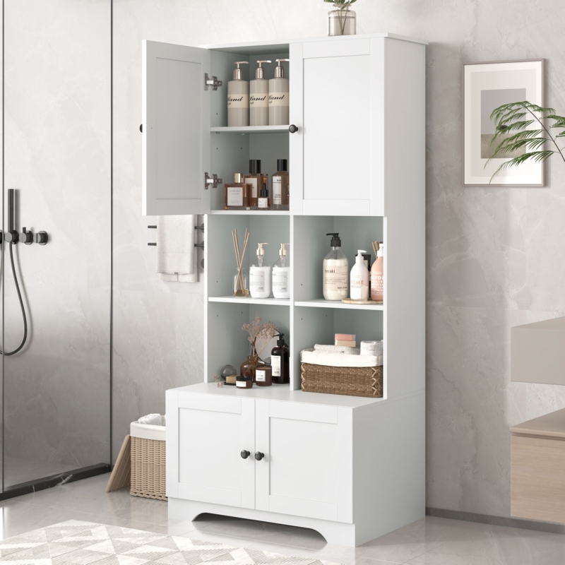 Linen Tower Transitional White Four Doors with Open Center Shelves.
