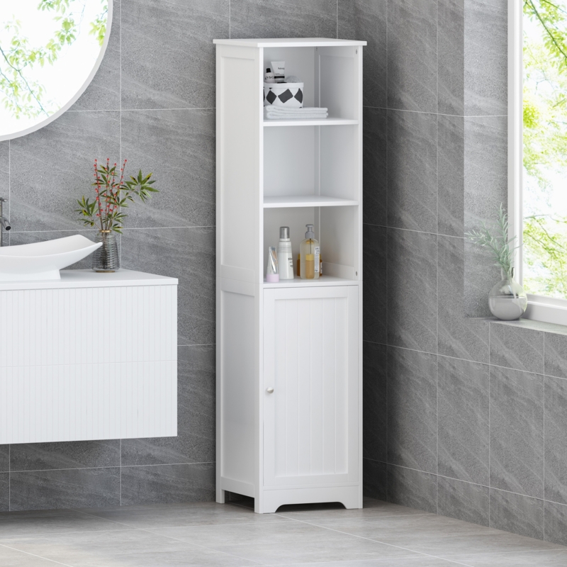Linen Tower with Tapered Legs, Glass Front Door, Shaker Panels