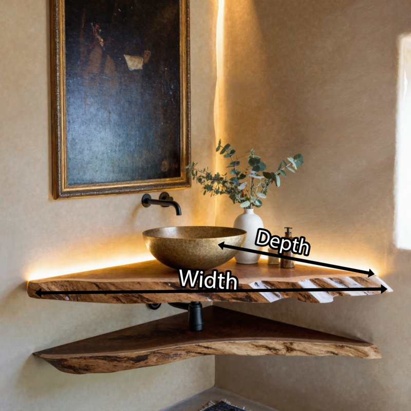 Live Edge Wood Corner Floating Shelf for Vessel Sink Vanity