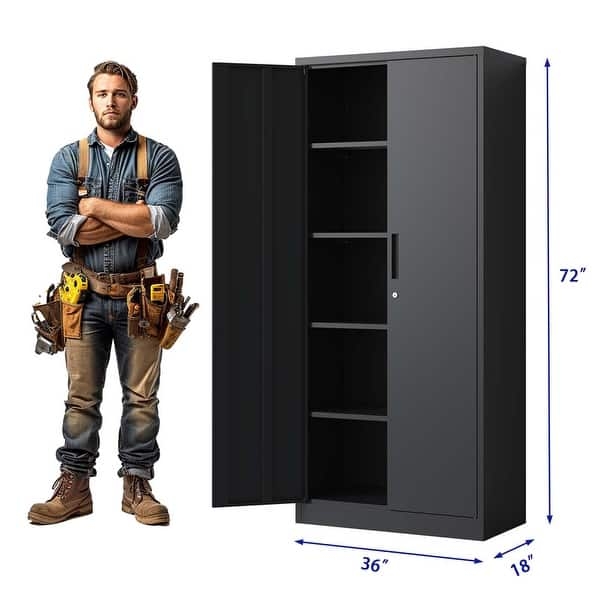 Locking Storage Cabinet: Tall Steel Unit with Four Adjustable Shelves