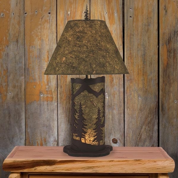 Lodge Style Table Lamp with Sculpted Mountain Scene Base and Empire Shade