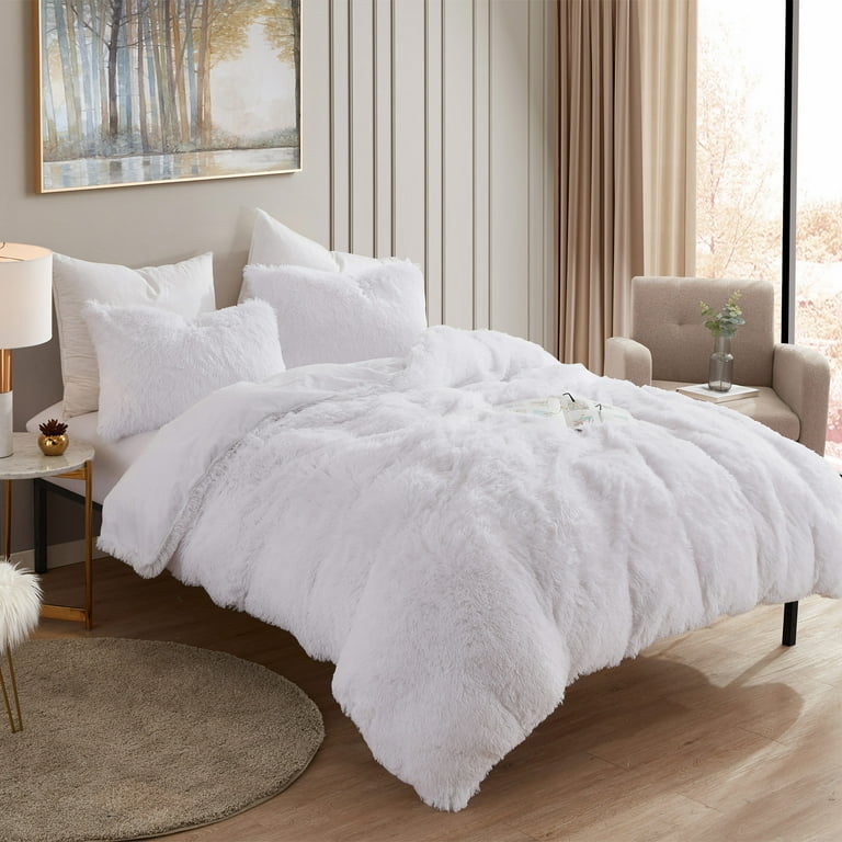 Long Faux Fur Comforter Set Glam Modern Gold Accents Tufted Headboard