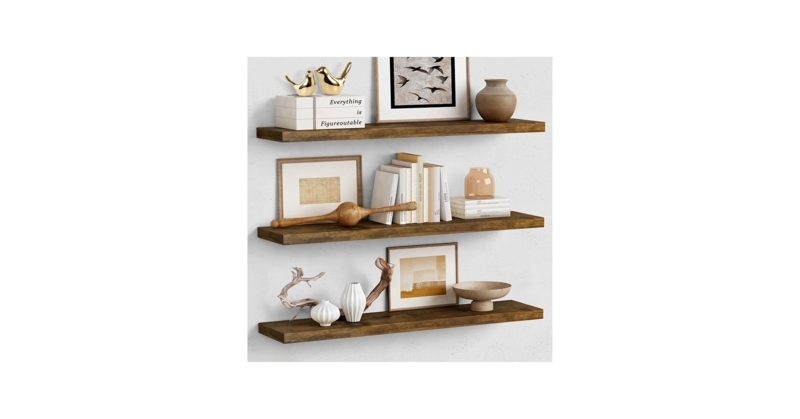 Long Rustic Wood Floating Shelves Set of Three Farmhouse Style
