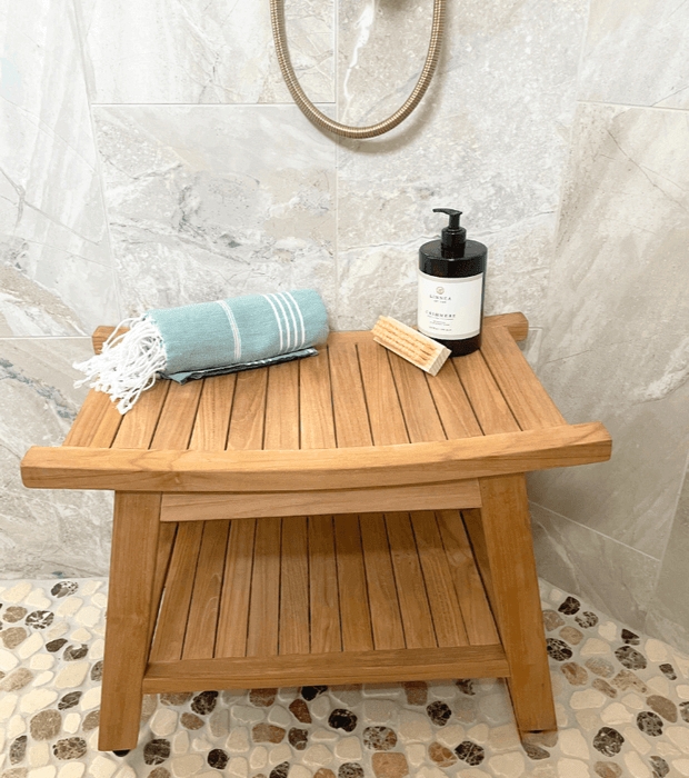Low Profile Shower Bench with Slatted Top and Thick Block Legs