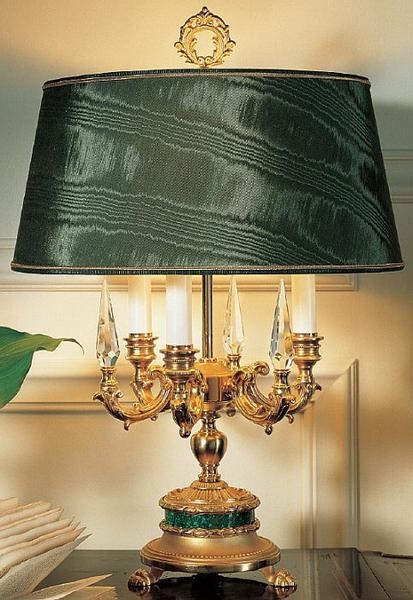 Luxury Table Lamp, Polished Gold, Green Stone Pedestal, Crystal Spires.