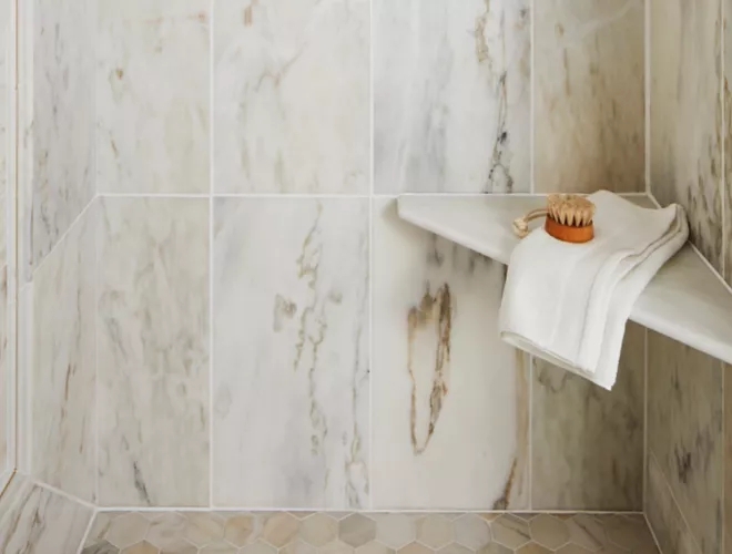Marble Look Shower Seat: Triangular Corner with Integrated Niche