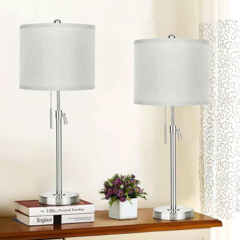 Matching Pair of Table Lamps with Grey Drum Shades, Brushed Metal