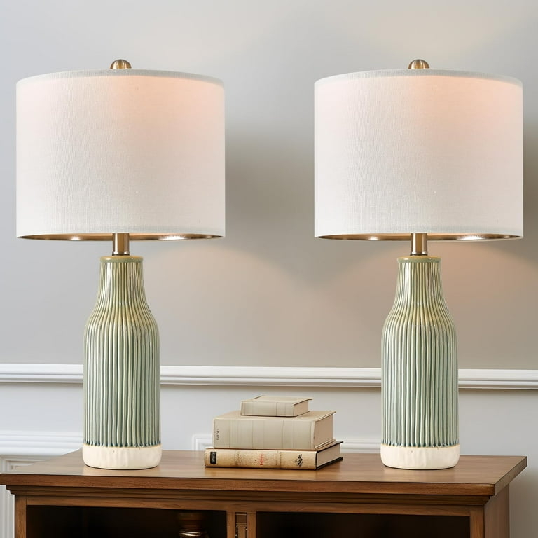 Matching Table Lamp Set Horizontal Ribbed Texture Sage Green Ceramic