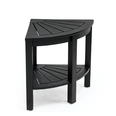 Matte Black Corner Shower Bench Triangular Slatted Wood