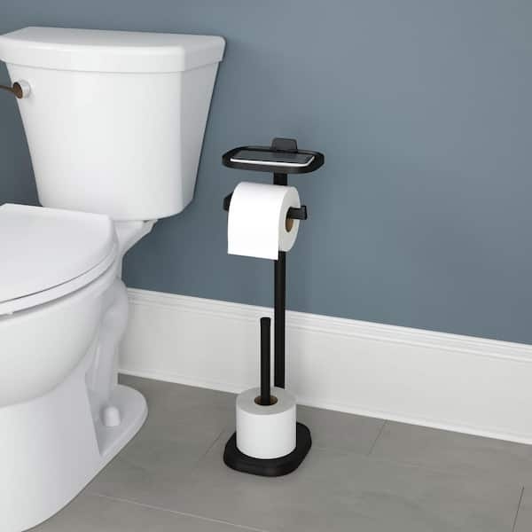 Matte Black Metal Toilet Paper Stand with Integrated Top Shelf