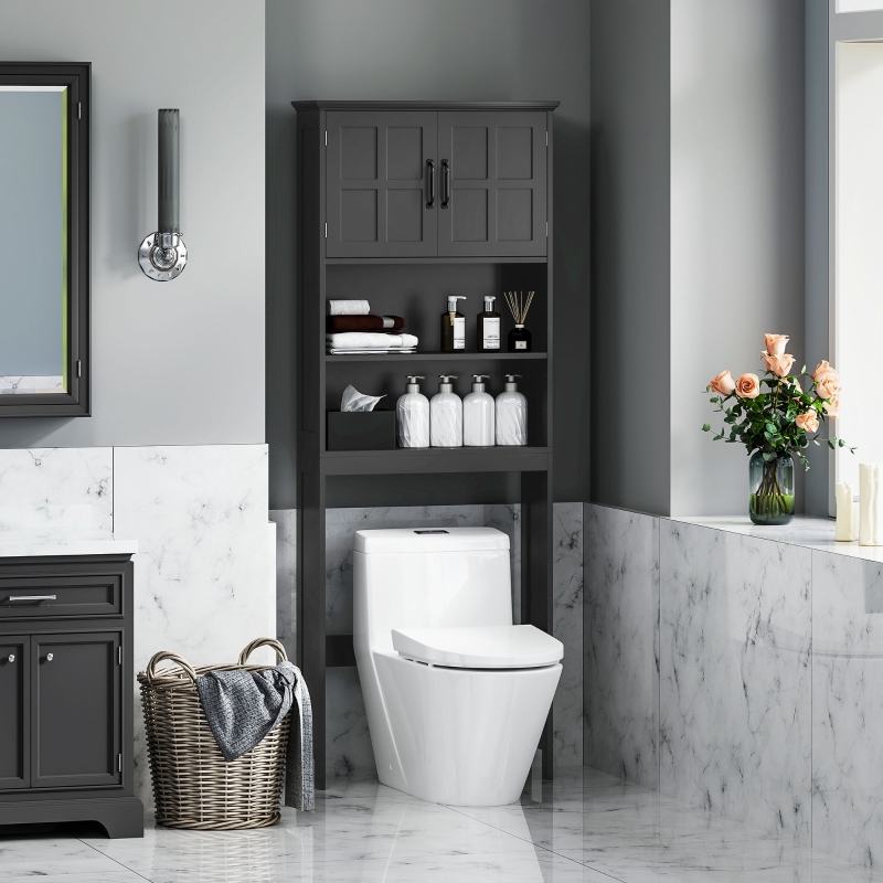 Matte Black Over The Toilet Storage with Double Doors and Open Shelf.