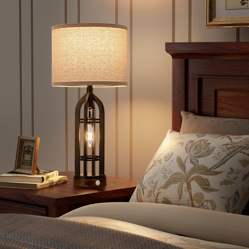 Matte Black Table Lamp Set with Open Cage Silhouette and Wood Tones