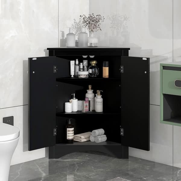 Matte Black Triangle Floor Cabinet with Shaker Door and Open Shelf