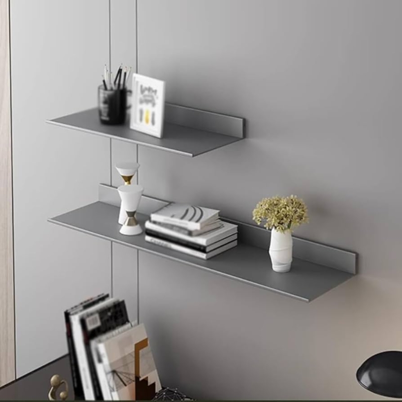 Matte Grey Metal Floating Shelf with U-Shaped Profile and Low Ledge