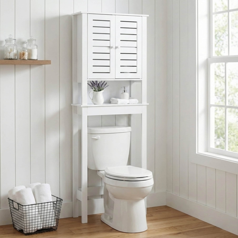 Matte White Over-The-Toilet Cabinet featuring Double Vented Doors