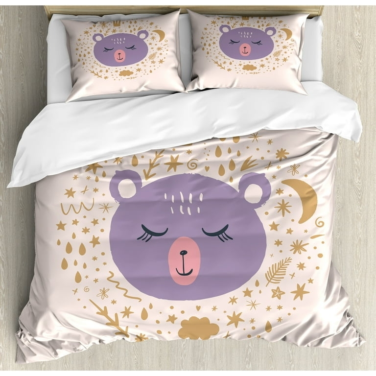 Mauve Bedding Set with Animal Face Motif, Hand-Drawn Scribble Pattern