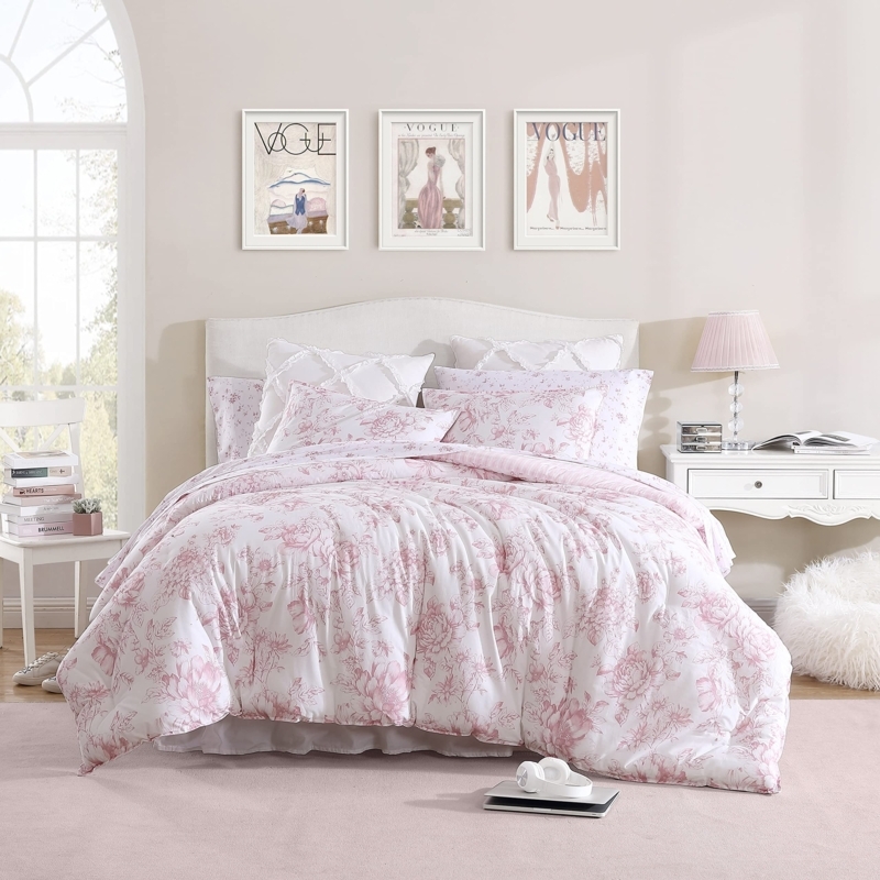 Mauve Floral Reversible Comforter Set, Pinstripe Back Farmhouse Style.