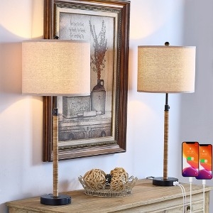 Maxax Rattan Table Lamp Set of 2 with USB Ports, Adjustable Height Desk  Lamps for Bedroom, Living Room, Natural