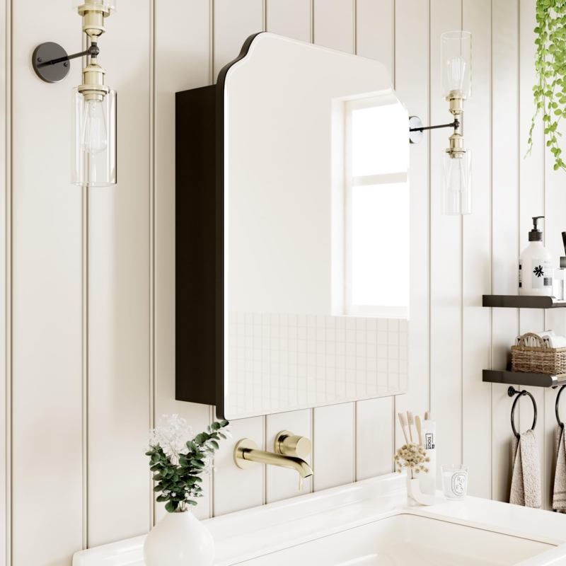 Medicine Cabinet Arched Black Victorian Style with Mirrored Door