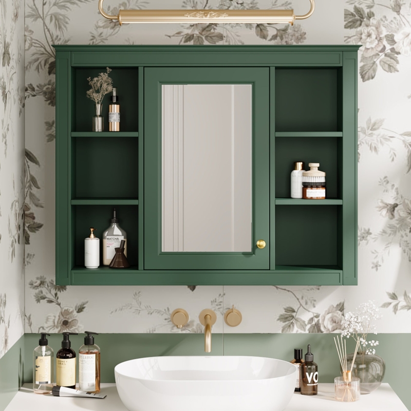 Medicine Cabinet Mirrored Door, Modern Finish with Side Cubbies Storage