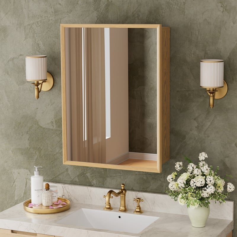 Medicine Cabinet Oak Finish Mirrored Door Adjustable Wood Interior