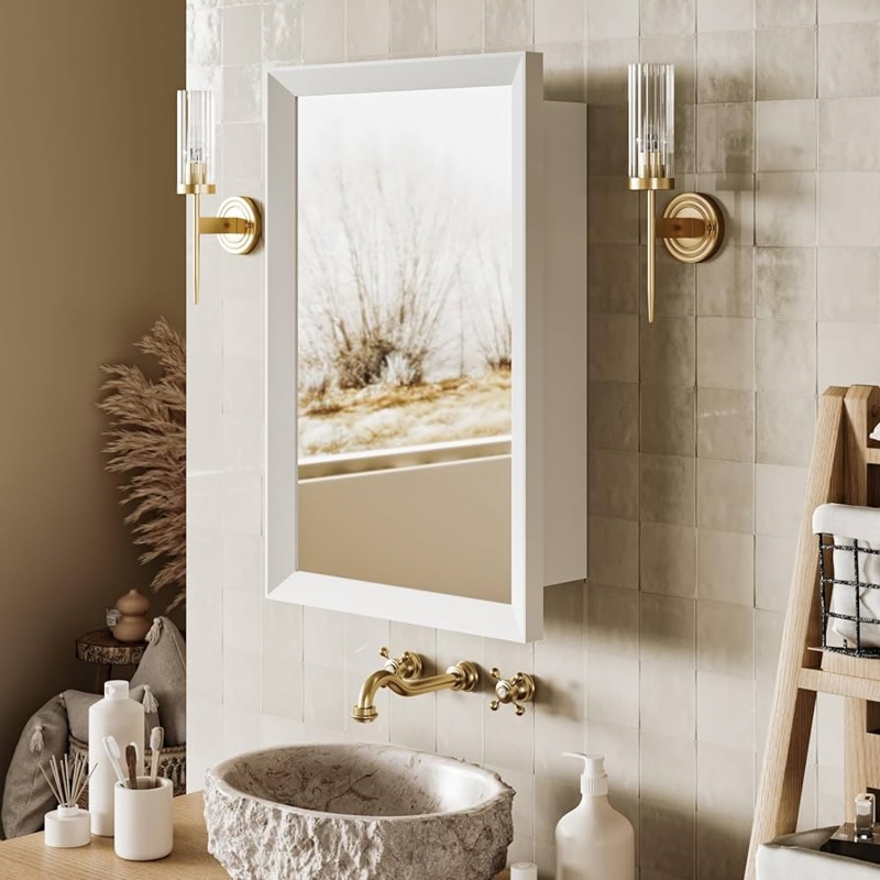 Medicine Cabinet Retro Style White Finish Crown Molding Header Mirror