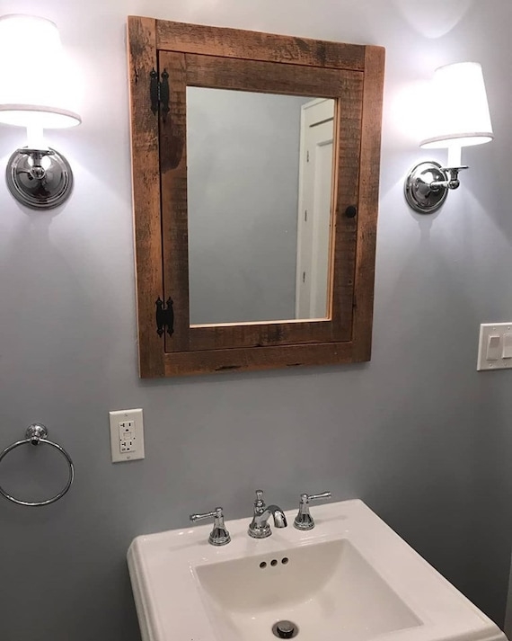 Medicine Cabinet Rustic Weathered Barn Wood Recessed Mirrored Front
