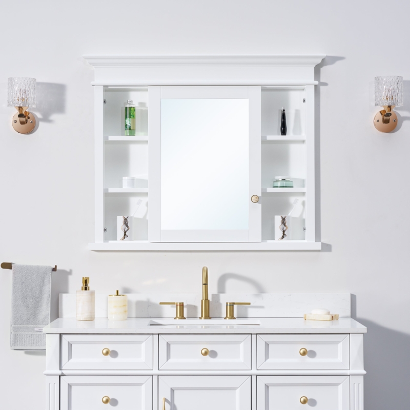 Medicine Cabinet Tri-View Mirror White Finish Adjustable Glass Shelves