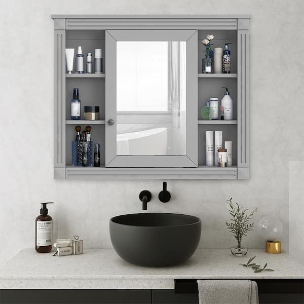 Medicine Cabinet Triple Mirrored Doors Full Width Open Shelf