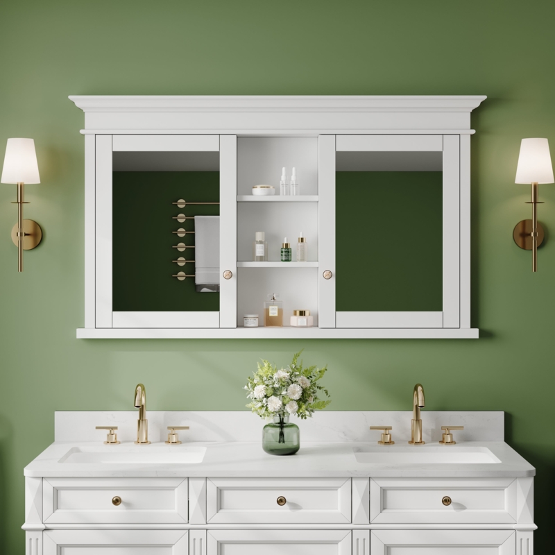Medicine Cabinet Wide Horizontal Format Triple Mirrored Doors White