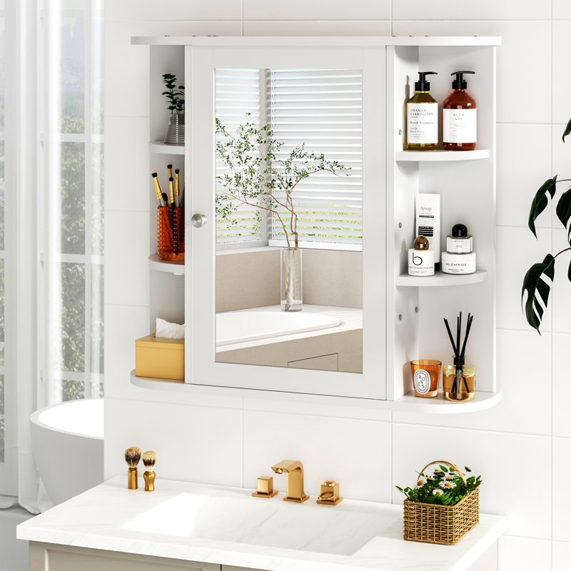 Medicine Cabinet with Side Open Shelves, White Mirrored Wall Storage