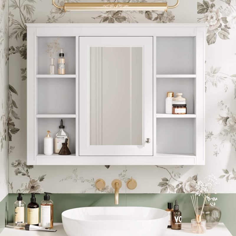 Medicine Cabinet with Six Open Shelves, Modern Wall Mounted Storage
