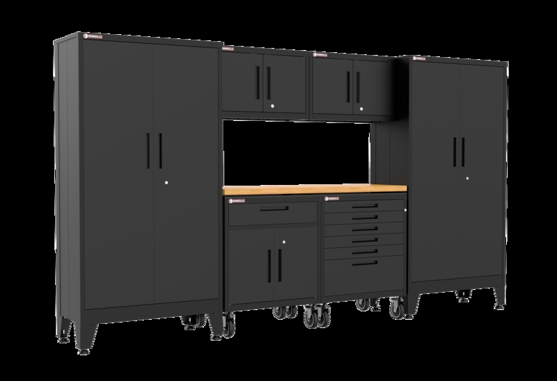 Metal Garage Storage System with Wood Toned Workbench and Casters
