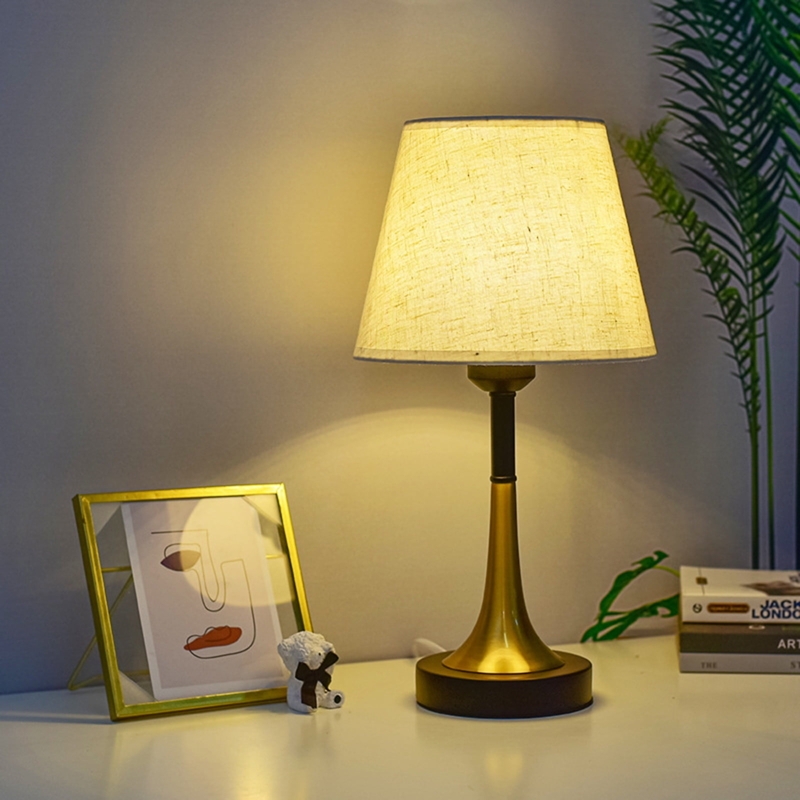 Metallic Gold Table Lamp Built-in Charging Ports Linen Shade