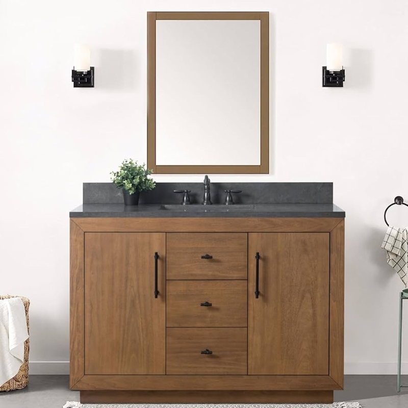 Mid-Century Bathroom Vanity with Black Marble Top and Gold Legs