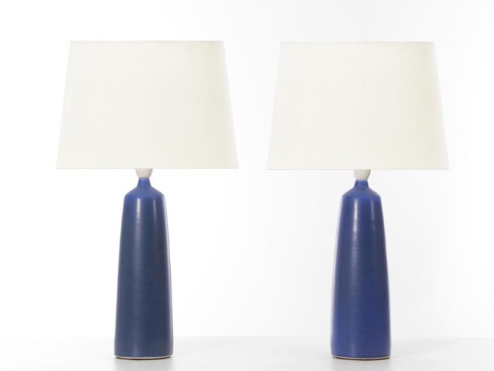 Mid-Century Blue Ceramic Lamp Pair with Glossy Ribbed Ovoid Base