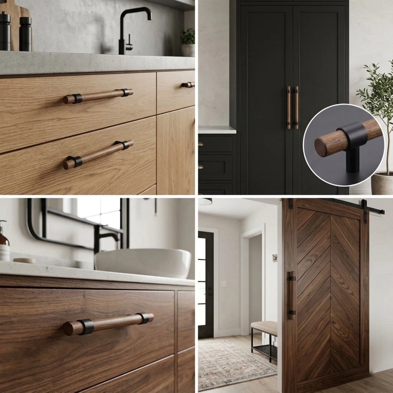 Mid-Century Cabinet Hardware Set Walnut Wood & Brass Base