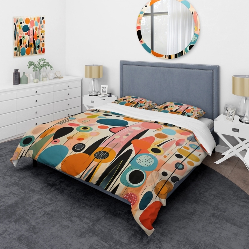 Mid-Century Modern Duvet Cover Set with Retro Abstract Pattern, Pink Bedding